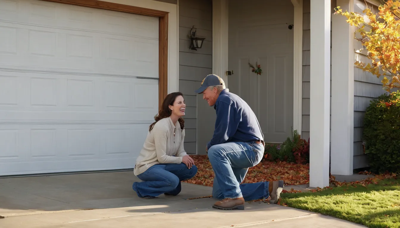 Friendly independent provider checking the springs and tracks of a garage door at a Scandia home